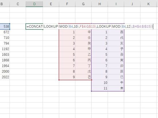 CONCAT関数・LOOKUP関数・MOD関数を入力